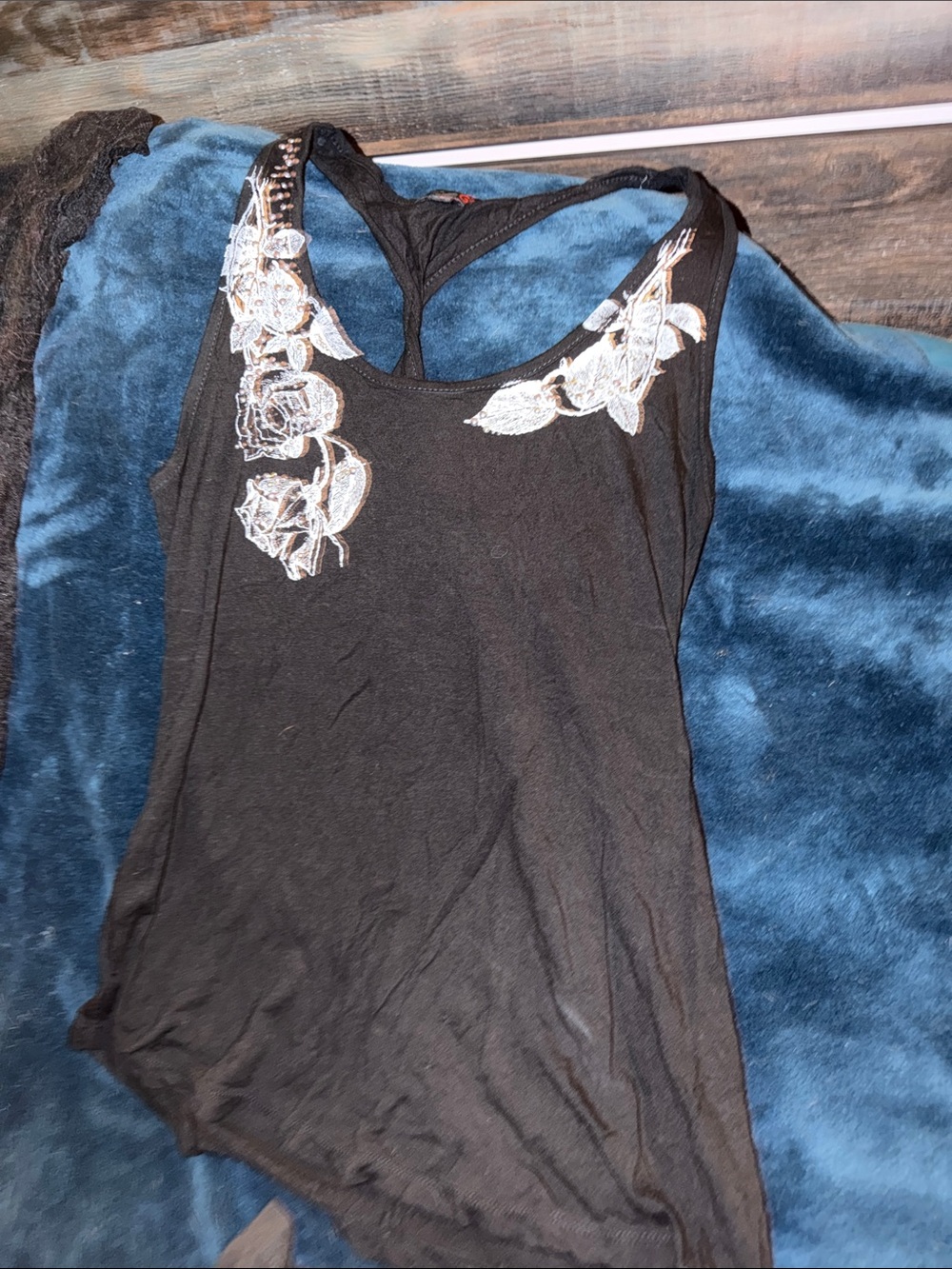 Guess Black Tank Top with White Floral Appliqué